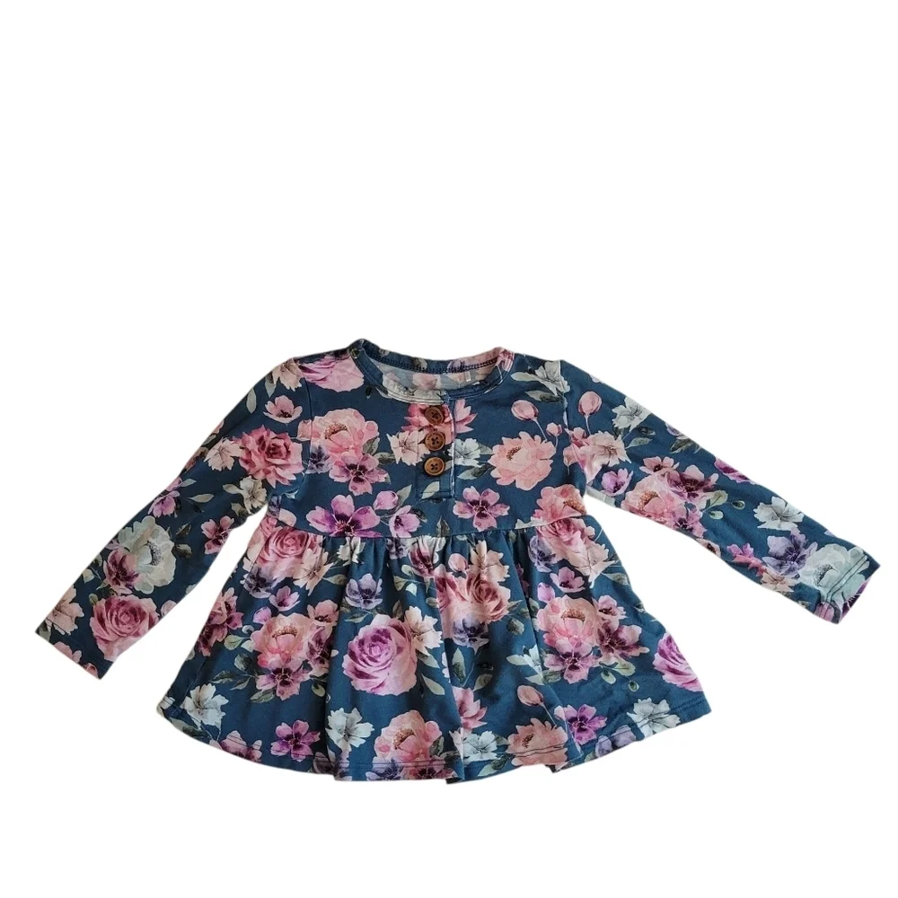 Posh Peanut Floral Top Baby Girl Sz 18-24 Mos Bamboo Viscose Long Sleeve Buttons